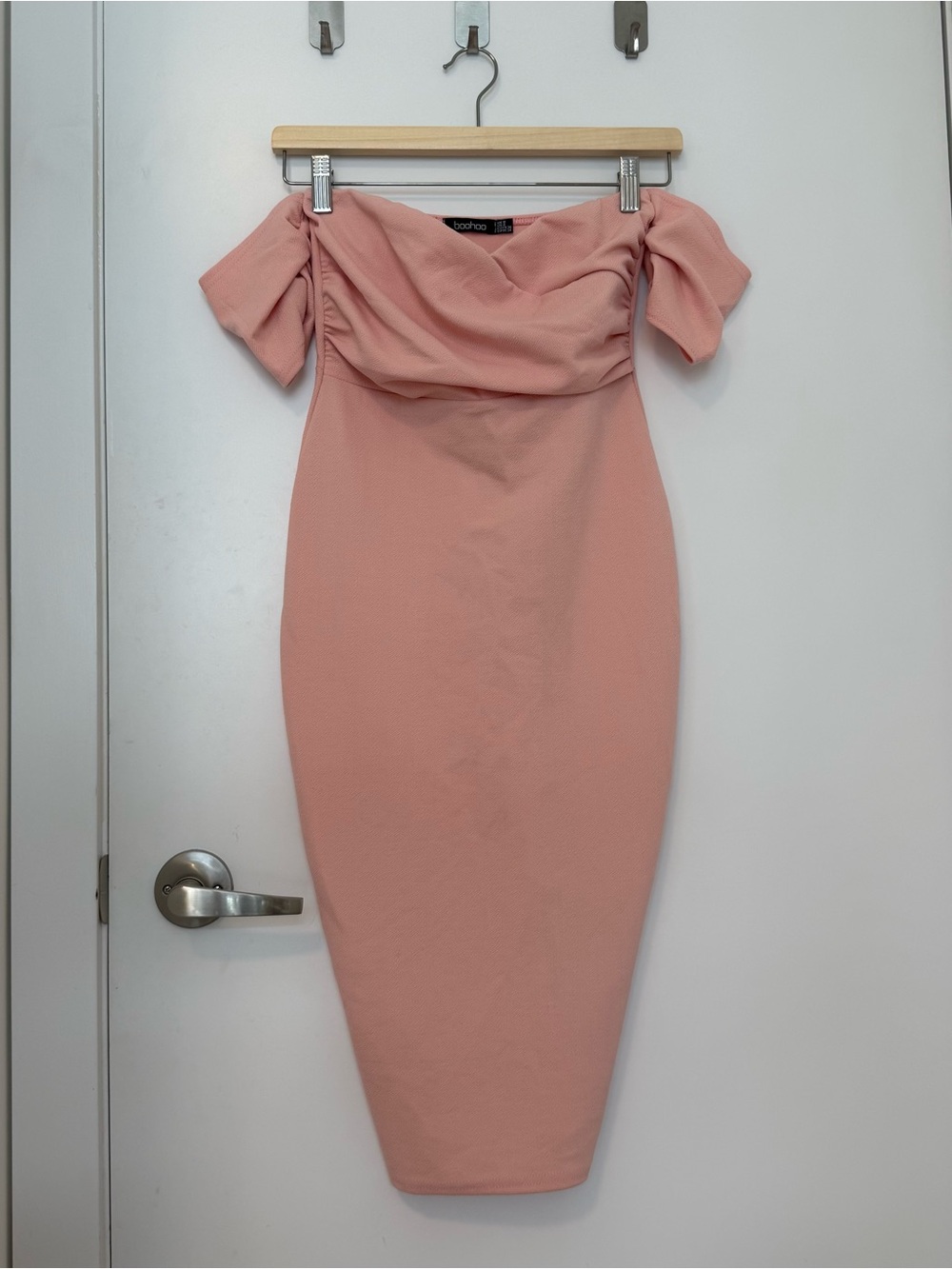 Boohoo Pink Off-Shoulder Wrap Midi Dress